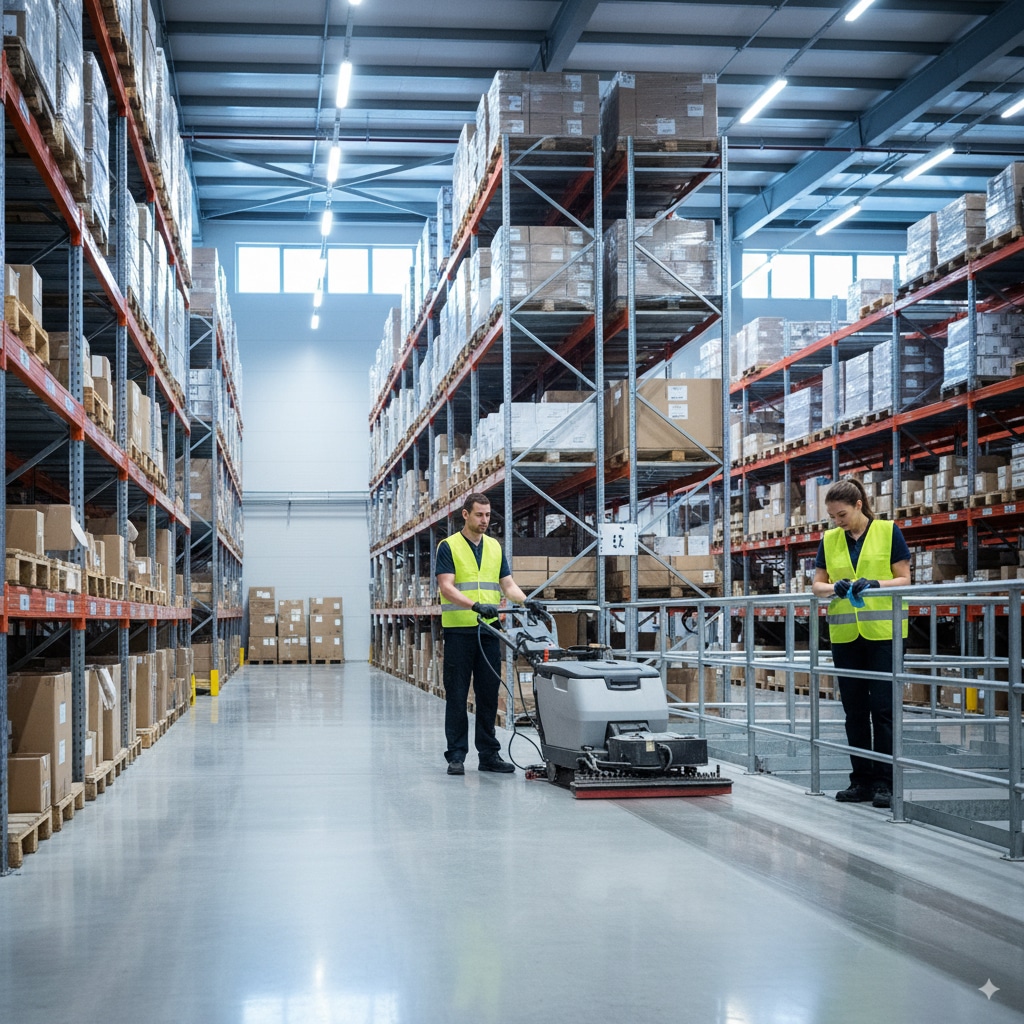 Servicio de limpieza profesional en depósitos y centros logísticos de Buenos Aires con equipos industriales.