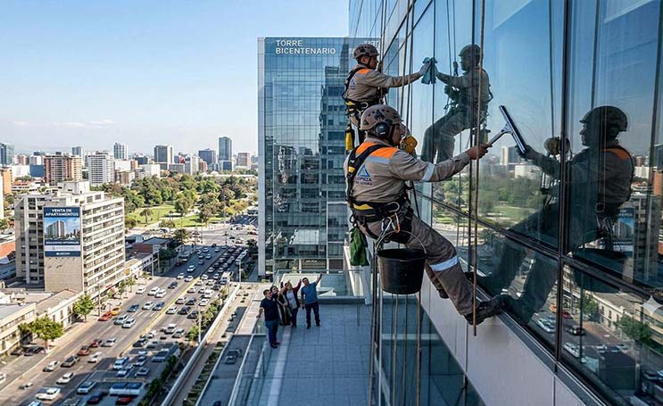 Dos operarios limpiando los vidrios de una torre con técnica de rappel